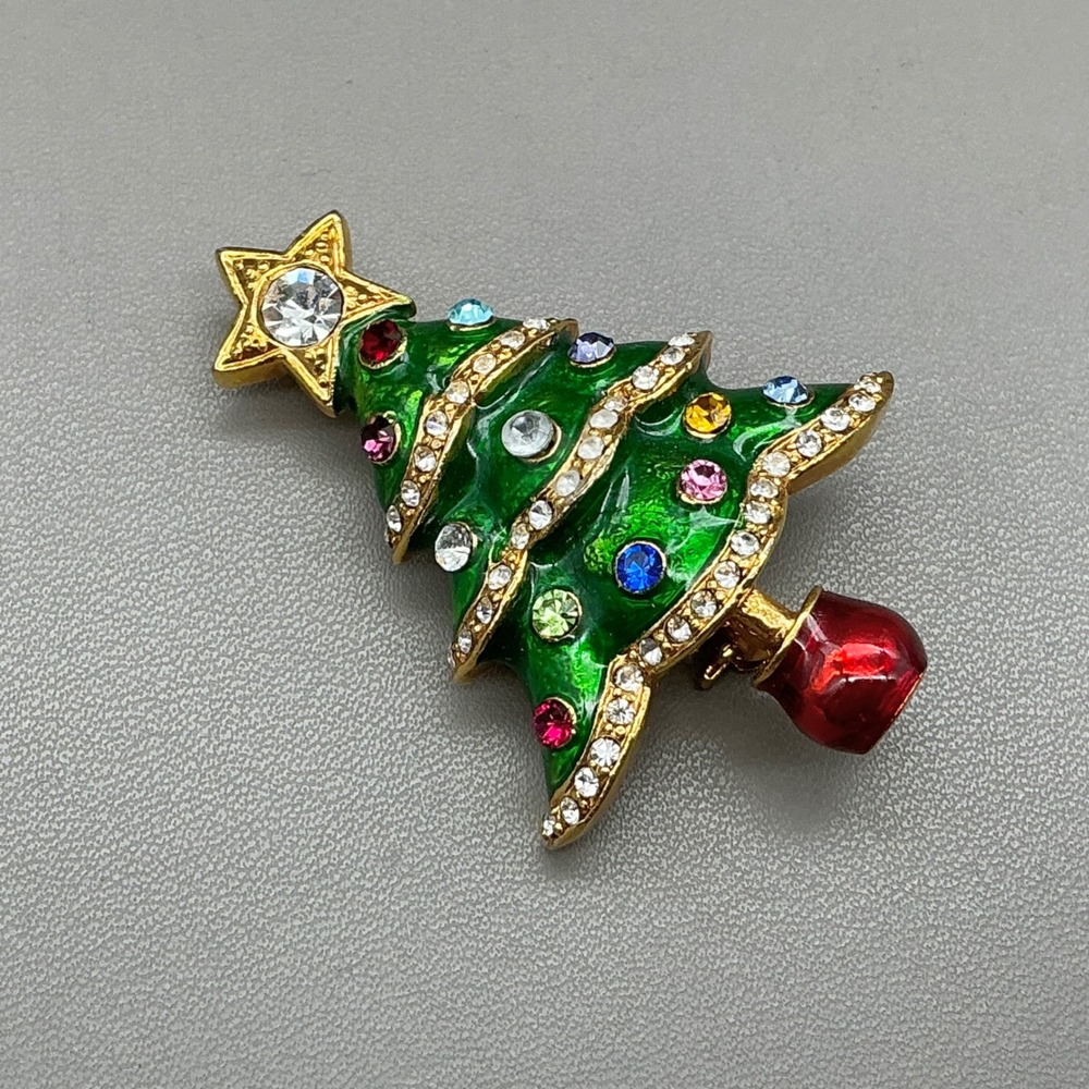 Christopher Radko Brooch Christmas Tree Green Enamel Rhinestone Dangle Pot 2"
